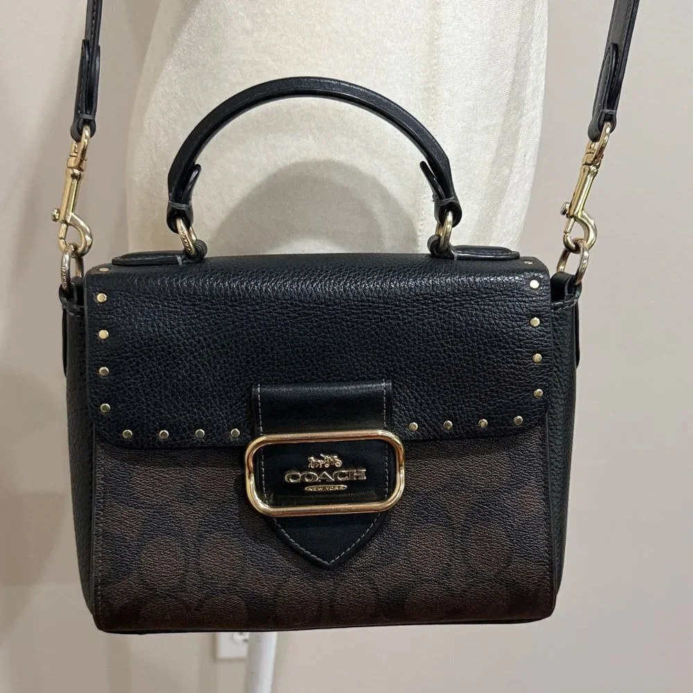 Coach Top Handle Satchel In Color Block Signature Canvas With Rivets